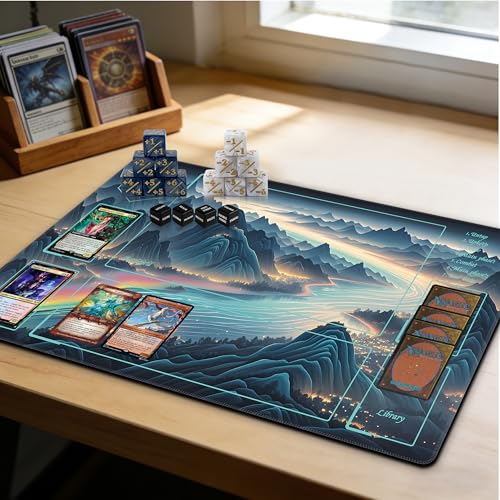 MTG Playmat with Storage Tube & 7-Dice Set - Waterproof TCG Playmat with Stitched Edges, Non-Slip Rubber Card Game Mat (24"x14") (playmat with Zones, Starry Sea and Fire) - color: Starry Sea and Fire, style: playmat with zones