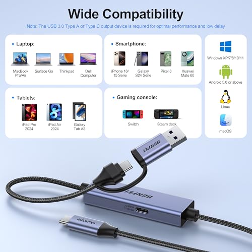 BENFEI USB C Video/Audio Capture Card Supporting Full HD 1080P 60FPS for Streaming, Recording, Gaming, Compatible with Switch, PS4, PS5, Xbox, Work with PC/Windows/Mac OS