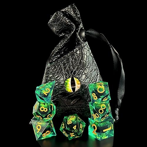 HAOMEJA DND Resin Dice Beholder's Dragon Eye Liquid Core Dice Set with Gift Eye Bag, Sharp Edges Dice Set 7 PCS Apply to Dungeons and Dragons Dice D20 D12 D10 D100 D8 D6 D4 (Eye Green) - color: 7 Eye Green