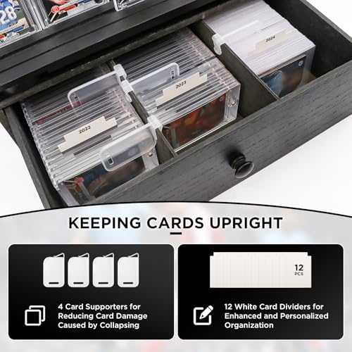 Wooden 4-Tier Trading Card Display Case, Sports Card Display stand with Custom Drawer, Card Supporters & Dividers For Graded Card Display Collection Storage