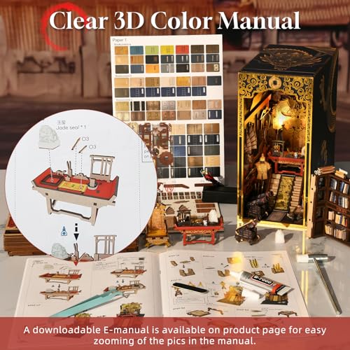 MiniCity Emperor's Study Book Nook Kit, 3D Wooden Bookshelf Puzzle with LED | 7.1 x 4.3 x 9.1 in; 443 pieces, LED and dust cover; glue/tools and guide included; 8-10 hr DIY build for display, ages 14+. - style: The Emperor's Study