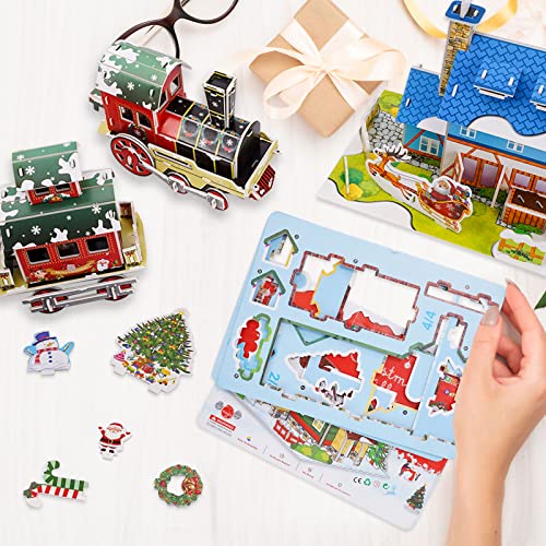 Whaline Christmas Puzzle Toy Set 3D Cute Jigsaw Paper Model Winter Simple Puzzle Paper and EPS Foam Board Toys for Kids Gift Santa Xmas Tree Cottage Train Creative DIY Model Building kit for Toddler