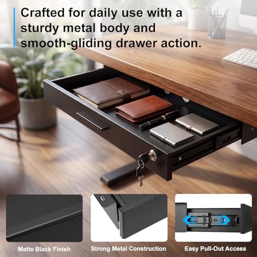 Menkxi 24'' x 9'' Under Desk Drawer Slide Out Storage Organizer, Lockable Metal Desk Drawer for Laptop and Office Accessories, Large Hidden Under Table Storage Box with Cable Management, Black - size: 24'' x 9''