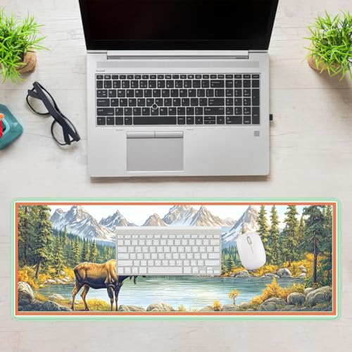 Moose Landscape Mouse Pad, Mountain Lake Gaming Desk Mat Waterproof Stitched Edges Rubber Base Non-Slip Deskmap Computer Keyboard Mat, 31.5x11.8in Desk Home Office Gaming - color: Moose Landscape, size: 31.5x11.8in