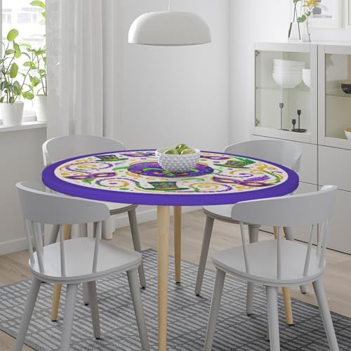 Famame Mardi Gras Carnival Hats Round Fitted Tablecloth with Elastic Protector Table Kitchen Dinner Waterproof Oil-Proof Table Covers Fits 40"-44", Small - color: Mardi Gras Carnival Hats, size: Small (40"-44")
