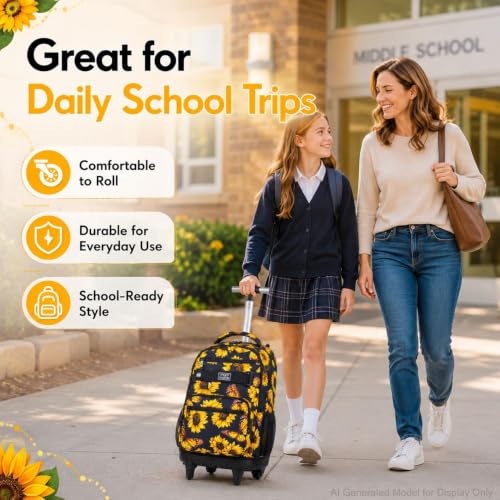 3Pcs Rolling Backpack for Girls Women, Travel Roller Backpacks with Wheels for Adults, Teens College Sunflower Wheeled Bookbag with Lunch Box(Yellow) - color: Sun Flower