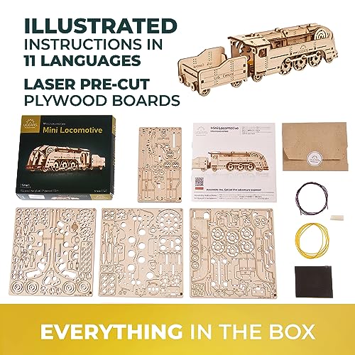 UGEARS Mini Locomotive 3D Wooden Puzzles for Adults - Wood Models for Adults to Build - Easy DIY Crafts for Adult Wooden Train Model Kit - Rubber Band-Powered Mechanical Puzzles - color: Mini Locomotive