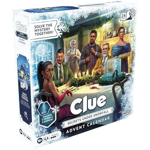 Clue Advent Calendar: Secrets Under Snowfall | 24 Days | Family Mystery Games | with 6 Winter-Themed Tokens and Surprise | Ages 10+ | 1+ Players