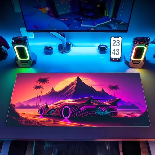 Synthwave Desk Mat, Retro Car XXL Large Gaming Mouse Pad 31.5x15.7 in | Neon cyberpunk car desk pad with soft 3mm cushion, smooth textile surface, and steady non-slip rubber core. - color: Futuristic Neon City
