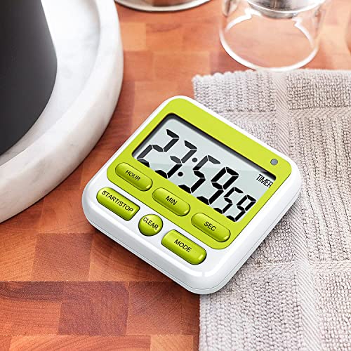 4-in-1 Digital Timer with Count Up/Down, Clock & Alarm, Ring & Silent Modes | Large 2.8-Inch easy-read LCD, On/Off switch, 24-Hour count up/down, Fast-forward function, Magnetic back, stand, hanging hole - color: Green