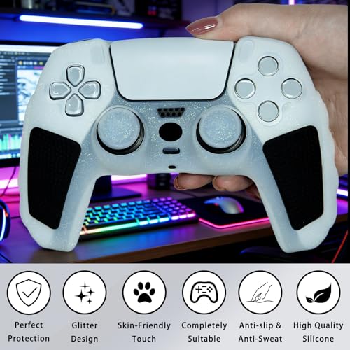 White Glitter Anti Slip Soft Thicked Studded Silicone Cover Skins Compatible with PS5 Controller,Include 8 PCS White Glitter Thumb Grips Glow and 2 Cat Paw Grips Accessories. - color: White Black