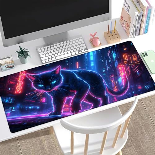 Desk Pad, Neon Cat Prowling Cyberpunk Cityscape XL Gaming Mouse Pad with Stitched Edges,Non-Slip Waterproof Rubber Base Large Desk Mat for Keyboard and Mouse 31.5"x11.8" - color: Colour7, size: 31.5" x 11.8"