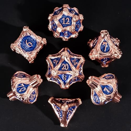 Metal Dice Set D&D Polyhedral Metal DND Dice Blue for Tabletop Games | Leather Storage Bag, DM Gift, for Dungeons and Dragons Role Playing Games - color: Metal Tree-copperblue