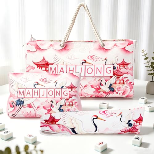 3 Pcs Empty Mahjong Bag Set for Tiles and Racks, 24"x13"x3.2" American Mahjong Tote Bag with Tiles Bag, Protective Sleeve for Rack Pushers, Portable Carrying Case for Travel Party Game Accessories