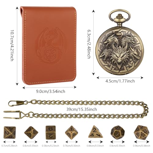 5 Dragon Heads Pocket Watch Case with 7pcs Polyhedral Tiny Metal Dice Kit, Mini DND Dice Set, D&D Starter Set, Role Playing Game Accessories, D&D Gifts with Gift Bag, Dragon Gifts - color: 5 Dragon Heads