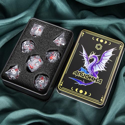 ARUOHHA DND Resin Dice Plum Blossom Liquid Core White Sharp Edge Dragons Polyhedral Dice Set with Gift Box, Compatible with D&D Role Playing Game Dungeons D and D Dice Set D20 D12 D10 D6 - color: Flower&silvery White