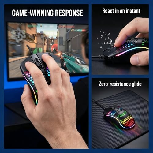 【Lightweight Honeycomb Design】 Ergonomic Wired Gaming Mouse, 1600 DPI, 4 Buttons, RGB Rainbow LED Backlit, 1.3M USB Cable, Plug & Play for PC/MAC Gamers - color: Black, size: Professional Mouse