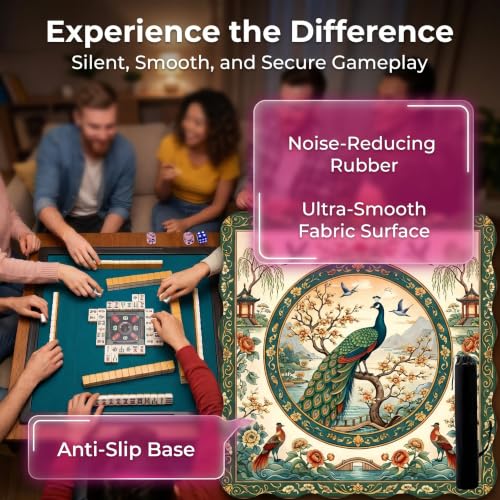 Lemon Yellow Neoprene Mahjong Mat,with 3 Free Dice & 1 Carrying Bag, Chinoiserie Anti Slip Noise Reduction Rubber Game Table Cover Multi Purpose for Mahjong, Card, Board Tile Games (39.37X39.37in, B)
