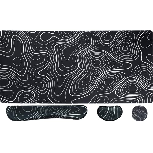 Bloss Keyboard Mouse Pad Set, Large Gaming Desk Pad+Keyboard Wrist Rest+Mouse Wrist Cushion+Coaster, Non-Slip Desk Mat, Home Office Essentials-Black and White Topography (35.4 x 15.7 Inches) - color: Topographic, size: 35.4 in x 15.7 in x 0.08 in