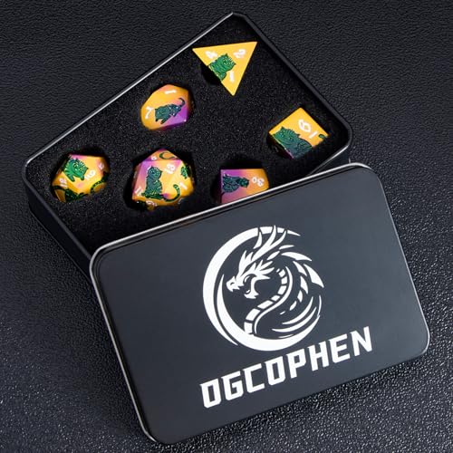 Metal DND Cat Dice 7PCS Polyhedral RPG Dice Set with Gift Case for Dungeons Dragons Role Playing Game, D and D Dice D6 D8 D10 D12 D20 D% (Yellow Green) - color: Cat-red Yellow&green