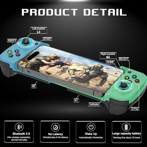 arVin Wireless Gaming Controller for iPhone Android Gamepad Joystick for iPhone 15/14/13, iOS, iPad, MacBook, Samsung Galaxy S23/22/21, TCL, One Plus, Tablet, PC, Call of Duty Mobile, Genshin, Diablo - color: Green&Blue