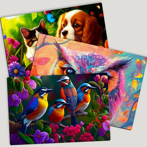 Large Piece Dementia Puzzles for Seniors - 3 Activities for Elderly | Cat, Dog, and Birds - Jigsaw Puzzles for Elderly - Dementia Activities for Adults - Alzheimers Puzzle Games and Gifts