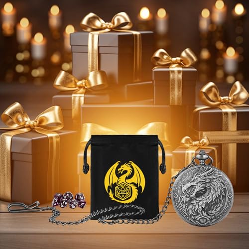 Mini DND Dice Set, 7-Piece Polyhedral Acrylic D&D Dice, with Steampunk Dragon Large Pocket Watch Case, DND Gift Bag with Dragon Logo, Role Play Board Game Accessories, Dark Silver + Purple - color: Silver + Purple