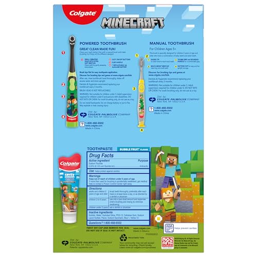 Colgate Kids Minecraft Toothbrush and Kids Toothpaste Gift Set, Includes Minecraft-Themed Battery Toothbrush, 2 Bubblegum Flavored Fluoride Toothpastes, and 2 Manual Toothbrushes - style: Minecraft