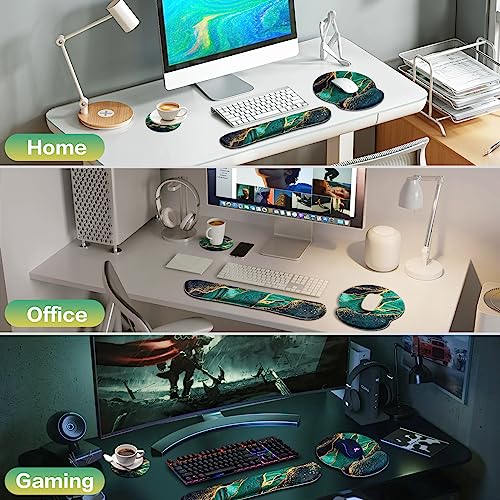 Mouse Pad Green with Wrist Rest Set, 3-in-1 Wrist Support Mousepad | Gaming Mat Pad with Anti-Skid Base,Ergonomic Mouse Pad ,Memory Foam Gel Wrist Rest for Computer Keyboard - color: Dark Green Marble