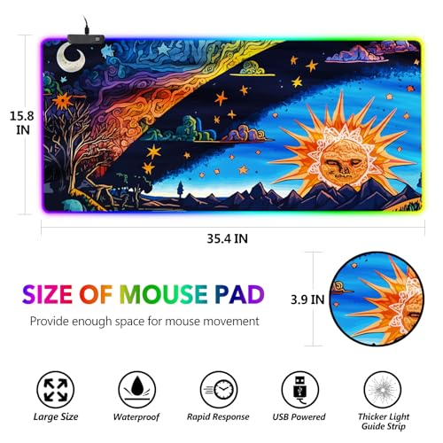 AIMSA Large Gaming Mouse Pad RGB, Keyboard Led Mousepad Extended 35.4 x 15.8 inch Non-Slip Rubber Base with 14 Lighting Modes Desk Mat, Abstract Sun - color: Abstract Sun