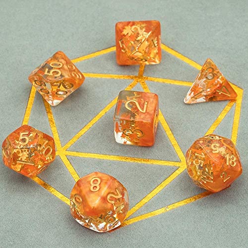 Cusdie 7-Piece Dice Set - Resin DND Dice with Yellow Leaf-Shaped Gold Foil Design, Perfect for Board Game Enthusiasts, Gifts, and Collectors(Fall Dice) - color: Fall Dice