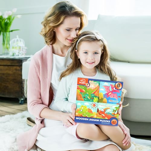 Zeoddler Wooden Puzzles for Toddlers, 8 Pack Dinosaur Jigsaw Puzzles for Kids3-5, 9 Pieces Preschool Learning Activities, Learning & Educational Puzzles, Gift for Boys, Girls - style: Dinosaur