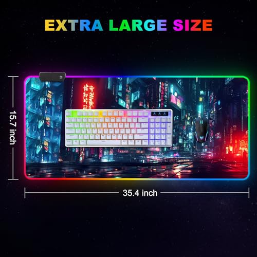 ARTSO RGB Gaming Mouse Pad Large, Extended Soft Led Mouse Pad with 14 Lighting Modes 2 Brightness, Water Resist Keyboard Pad, Computer Mousepads Mat 35.4x15.7inch, Night City - color: Night City