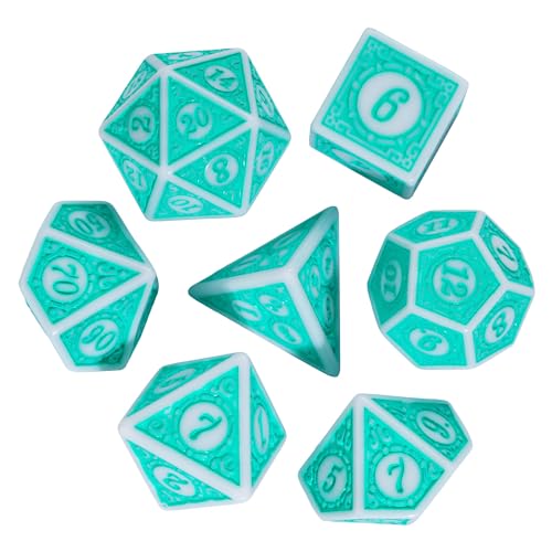 7PCs DND Dice Set, Unique Window Lattice Pattern D&D Dice Set with Leather Dice Bag, Polyhedral Dice for RPG, Table Games (Cyan/White) - color: Cyan With White Edge