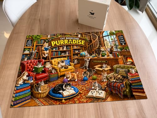 Cat Bookstore Purradise 1000 Piece Jigsaw Puzzle, Cozy Library Cats Theme, 19.68 x 27.56 Inches