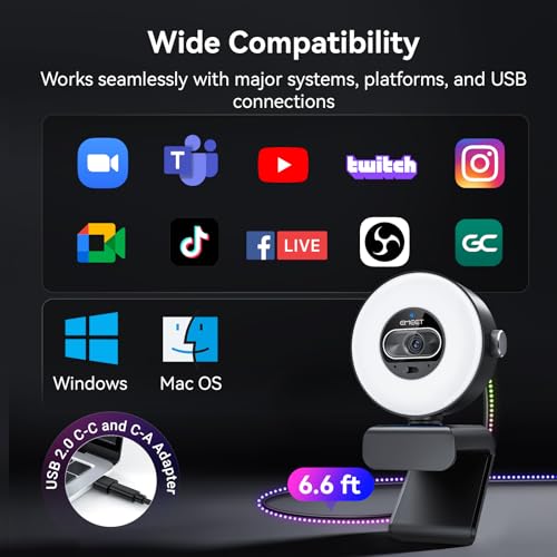 EMEET S600L 4K Webcam for Streaming with Ring Light, 4 Lighting Modes, Rainbow Effect, 1/2" Sensor, AI Imaging, 0.2S PDAF, 2 Mics, Dial Control, 4K Webcam with Light for OBS/Twitch/YouTube/Zoom/PC/Mac - style: S600L Ring Light 1/2" Sensor