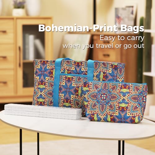 American Mahjong Tile Set with Blue Printed Carrying Bag, 166 Premium White Tiles, 4 All-in-One Color Racks/Pushers, Mah Jongg Sets, Complete Mahjong Game Set for Travel - color: Blue Print