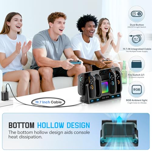 for Mac Game Switch 2/1 Charging Dock Station Compatible with Joycon 1/2 Controller, Switch 2 Controller Charger, Joycon Charging Dock, Game Accessories with 9 RGB Light Modes - size: L-Black-Switch 1/2