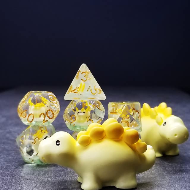 Sage's Portal Familiars Dice and Toy Set Combo Resin DND Dice Set Polyhedral Dice Set for Dungeons and Dragons RPG Pathfinder Tabletop TTRPG (Yellow Stegosaurus + Figurine) - color: Yellow Stegosaurus, style: Dice Set +Mini Figure