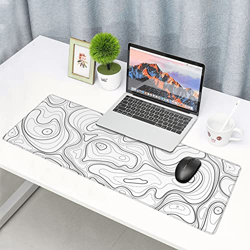 White Topographic Contour XL Gaming Mouse Pad Extended Long Large Mousepad with Stitched Edges Laptop Desk Pad Computer Keyboard PC Mouse Mat Nonslip Rubber Base for Company Office Gamer - color: White Topographic, size: 31.5" x 11.8"