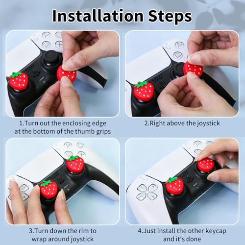 PERFECTSIGHT Cute Peach Strawberry Thumb Grip Caps for Switch 2, PS5, PS4, Xbox Series X/S, Xbox One, Switch PRO Controller, 4PCS Kawaii Soft Rubber 3D Analog Thumbsticks Grips Joystick Cover - color: Peach+Strawberry
