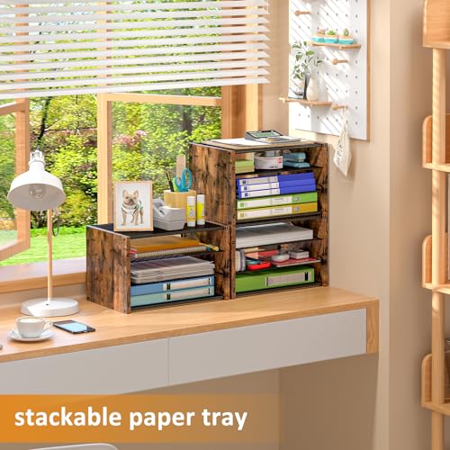 DAOUTIME 3-Tier Paper Letter Tray, Wooden Desk File Organizer, Stackable Metal Mesh Desk Organizer for Office Supplies. Small Paper Trays for Home Office School, Rustic Brown