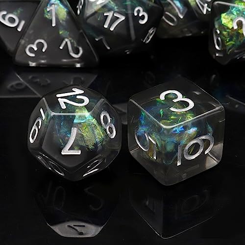 Haxtec DND Dice Set 7PCS Resin Dice Set Black with Bag, Iridescent Mylar Inclusion Polyhedral D&D Dice for Roleplaying Dice Games Compatible with Dungeons and Dragons - color: Black Green Silver