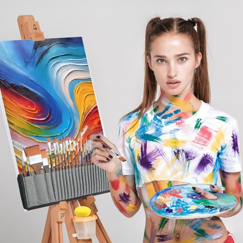 GETHPEN 29pcs Paint Brush Set, Acrylic Paint Brushes, Oil, Watercolor | Paint Brush 9 Shapes with Wide Flat, Filbert, Fan, Dagger, Cat Tongue, Round, Angle, Rigger with Palette Knife & Canvas Roll - style: Assorted Shapes