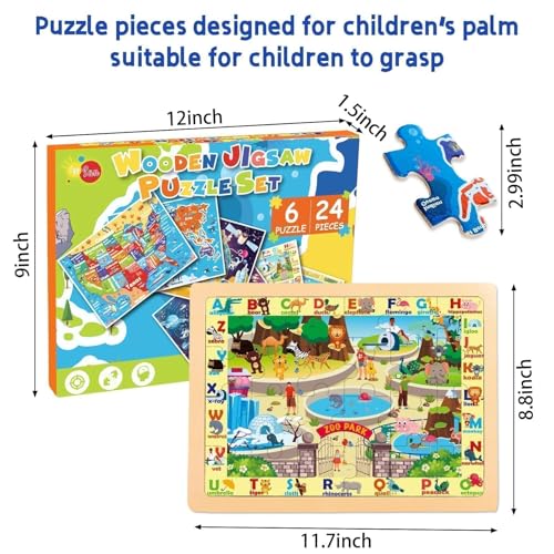 Wooden Puzzles for Toddlers 3-5,6 in 1 Jigsaw Wooden Solar System Puzzles for Ages 4-6,Preschool Educational Brain Toys Birthday Gifts for Boys and Girls 2 4 3 5 Year Old(World Map) - style: World Map