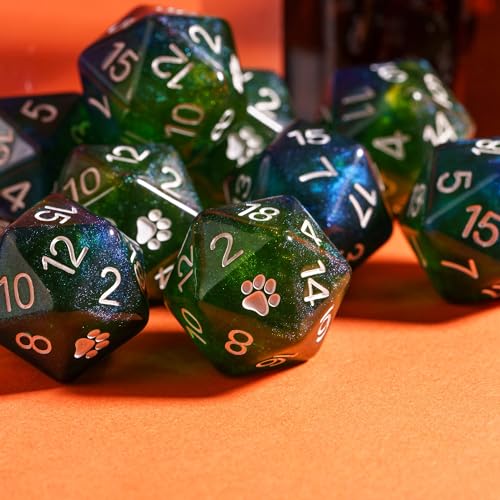 10 Pack Glitter D20 Dice, Set of 10, 20 Sided Dice Blue Mixed Green Nebula D20 Polyhedral Dice for DND RPG Tabletop Game - color: 10pcs D20 Blue Mixed Green