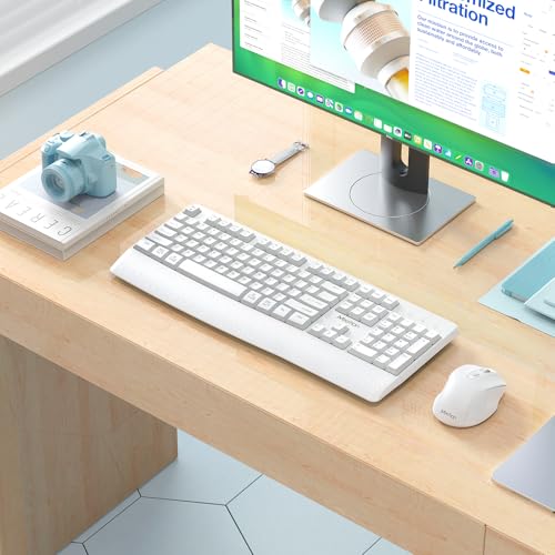 MEETION White Wireless Keyboard and Mouse, 2.4G USB Receiver Plug-and-Play, Computer Keyboard with Wrist Support, 3 Level DPI Mouse, Long Time Lasting Battery for PC/Mac/Windows/Laptop, White - color: White