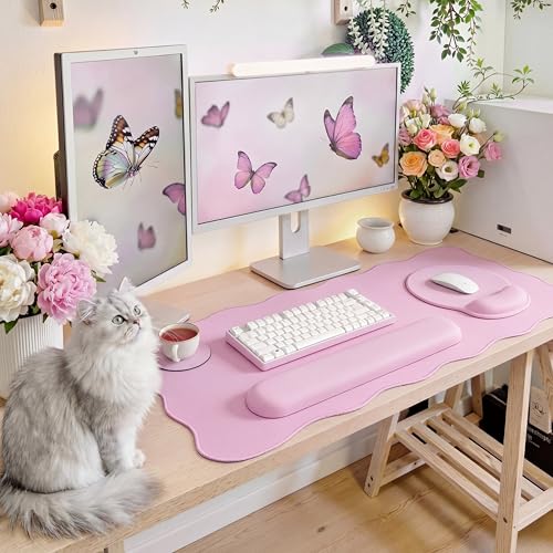 Sabary Scalloped Desk Mat Keyboard Mouse Pad Set 31.5 x 15.7 Inch Pink Table Mat Keyboard Wrist Rest Cute Preppy Mouse Pad with Wrist Rest Coaster Ergonomic Non-Slip Waterproof Gaming Desk School - color: Pink, size: 31.5 x 15.7 Inch