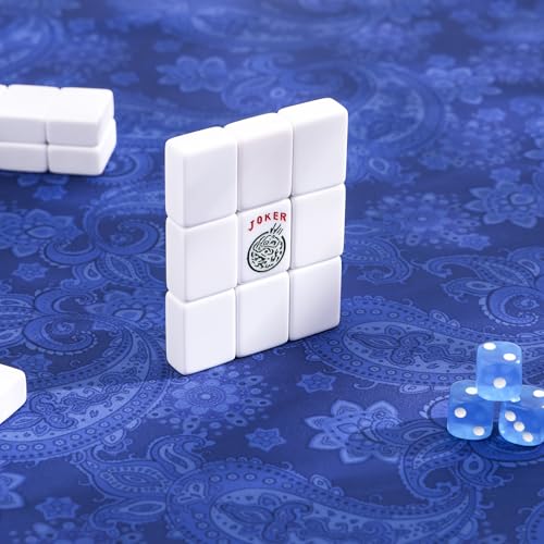 American Mahjong Game Set, 166 White Tiles, 4 Transparent All-in-One Rack/Pushers, Complete Mahjong Tile Set, Blue-Red Printed Carrying Bag - color: Blue-red