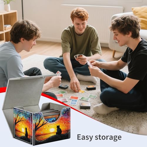 Cat Sunset Tree for MTG Deck Box, 100+ Double Sleeved Card Storage Case, PU Leather Commander Deck Case for TCG Magic Yugioh, Magnetic Closure - color: Cat Sunset Tree
